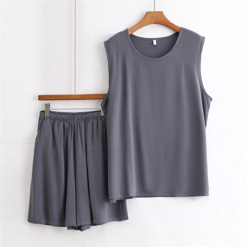 青年男士棉绸睡衣套装夏季薄款大码圆领无袖上衣短裤人造棉家居服