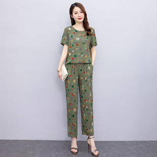 人造棉大码 新款 女休闲外穿妈妈夏装 套装 上衣两件套 中老年棉绸短袖