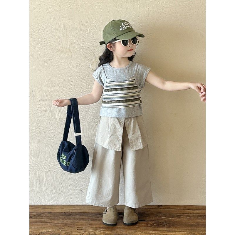 女童夏装套装2025洋气女宝韩版假两件条纹短袖T恤阔腿裤两件套潮
