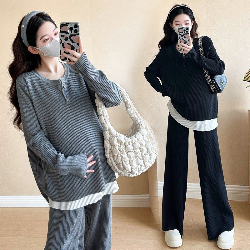 大码孕妇装套装春装2025新款长袖假两件上衣裤子两件套潮妈200斤