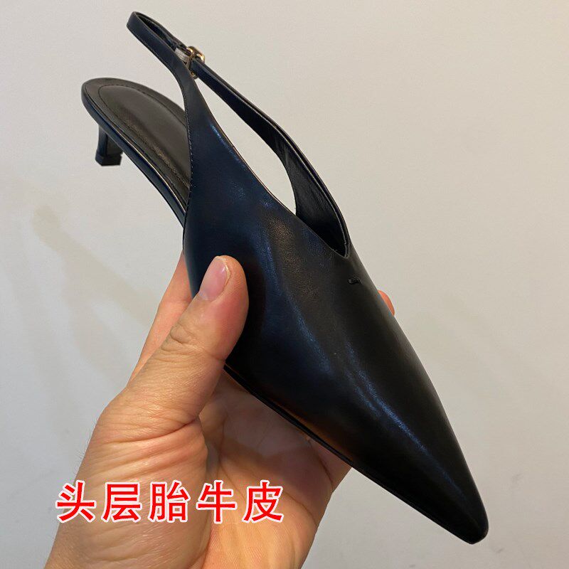 手工真皮尖头小跟尖头凉鞋女夏V口显瘦后绊带中跟包头软皮奶奶鞋