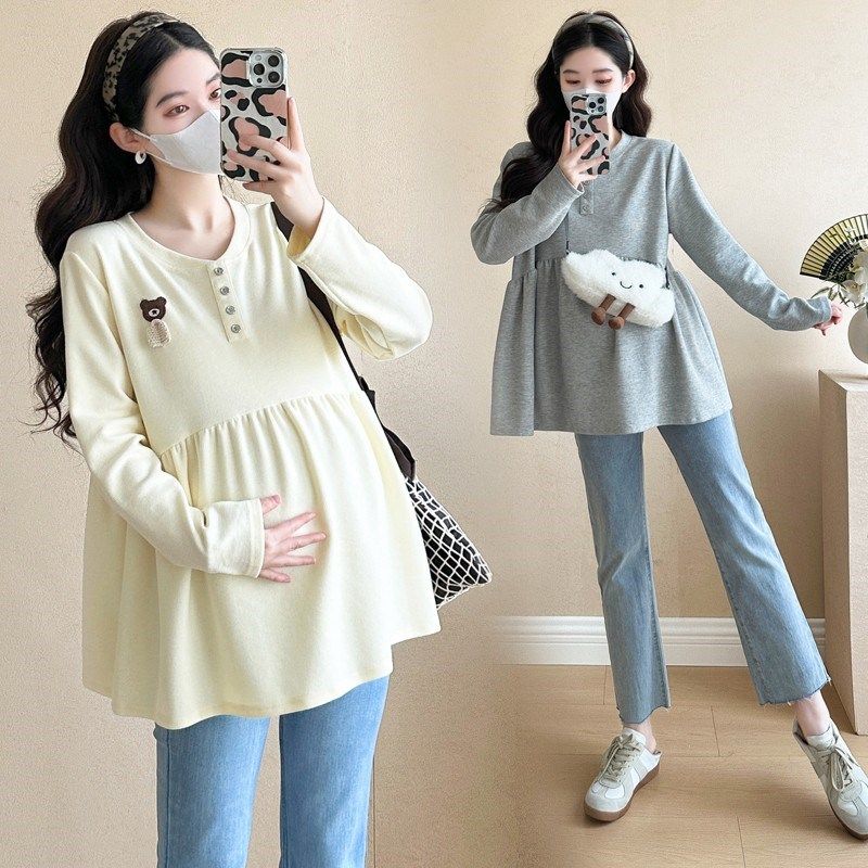 大码孕妇上衣春装新款休闲长袖韩版宽松娃娃衫长袖T恤女遮肚200斤