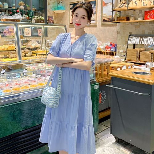 孕妇装夏装时尚小清新简约纯色短袖连衣裙宽松休闲裙子夏款孕妇裙