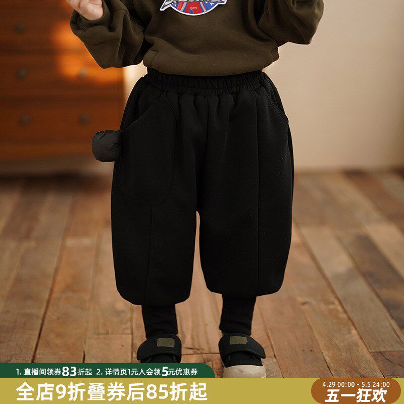 砚台家童装男童阔腿靴裤儿童运动裤卫裤婴儿加绒束脚裤秋冬装黑色