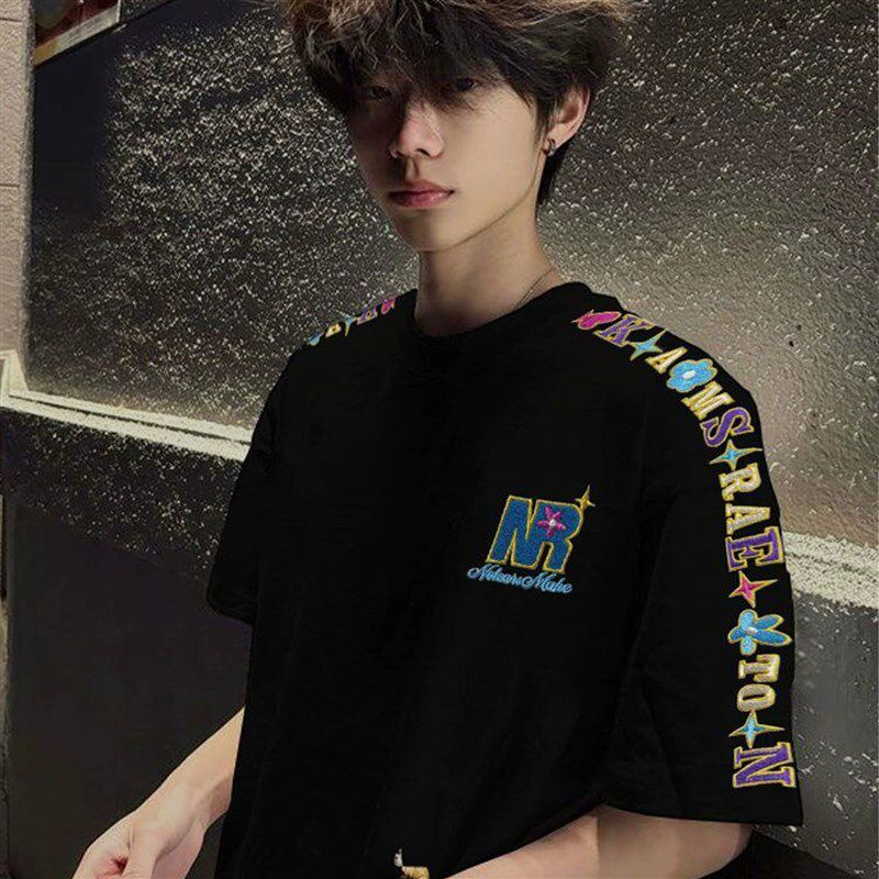 美式高街字母花卉刺绣短袖t恤男夏季新款国潮牌宽松纯棉情侣上衣