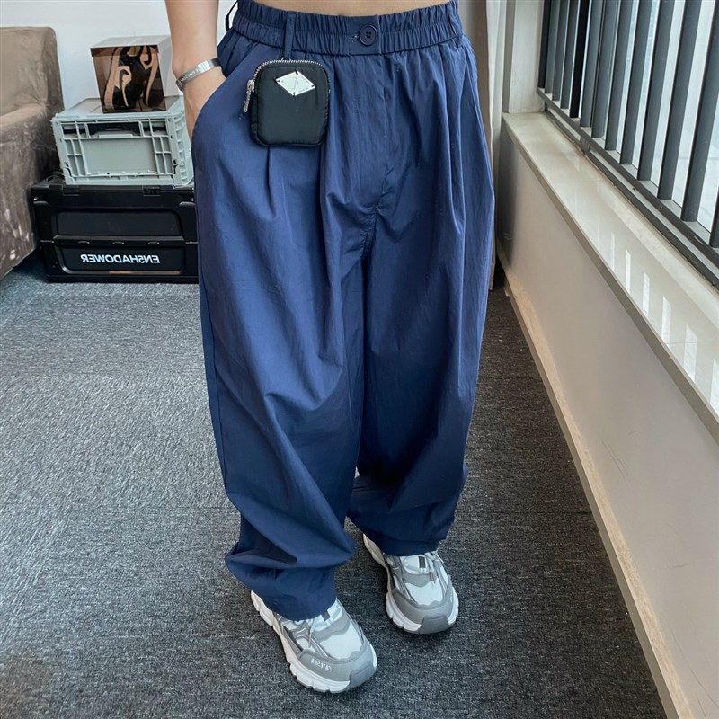 日系复古简约阔腿休闲工装裤男宽松廓形松紧腰束干肥大萝卜长裤