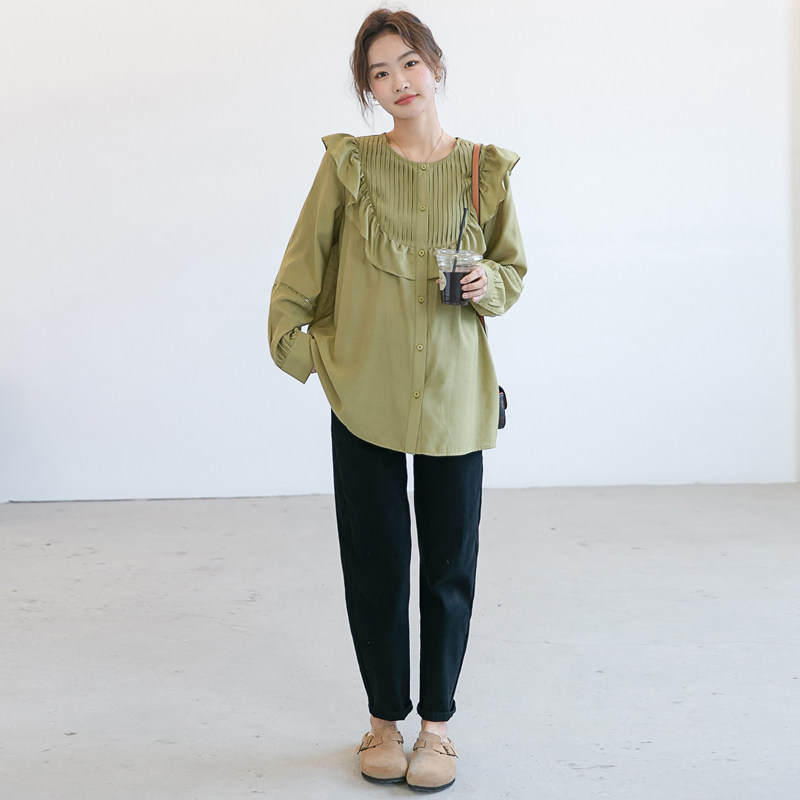 孕妇春装a上衣潮妈减龄圆领娃娃衫宽松显瘦春夏薄款长袖衬衫时尚