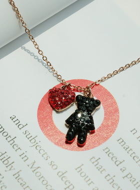 包邮韩国时尚可爱镀金小熊红色爱心钛钢项链锁骨链心型动物饰品女