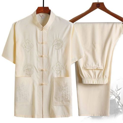 唐装男爸爸夏装短袖套装中老年人男装爷爷中式盘扣汉服男大码