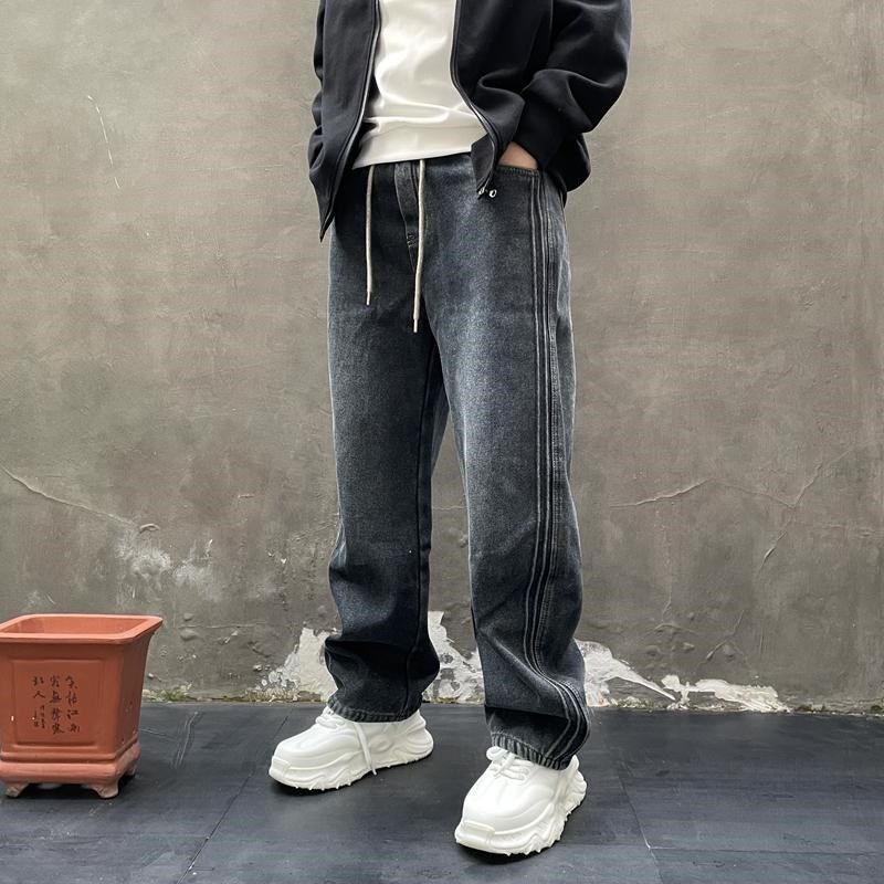 秋冬季加绒加厚条纹牛仔裤男士宽松直筒休闲长裤潮流阔腿弯刀裤子