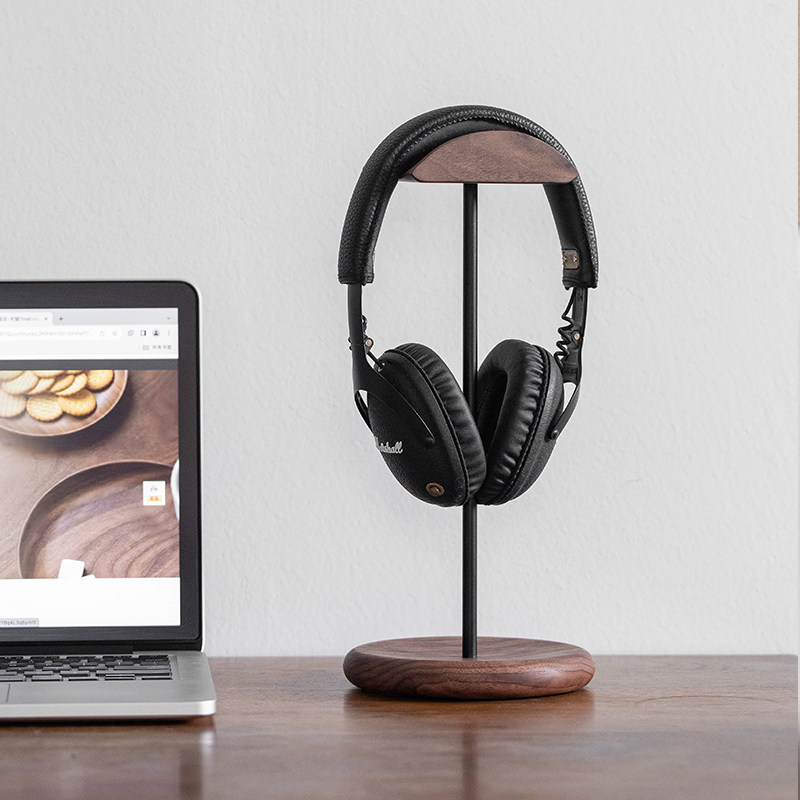 实木头戴式耳机支架电脑桌面显示器耳机挂架桌边胡桃木耳机架托