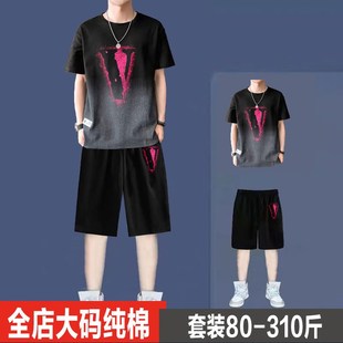 2025夏季 新款 美式 300斤大码 短裤 男士 纯棉休闲短袖 两件套 运动套装