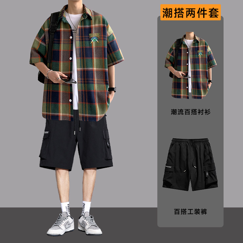 夏季男士潮牌冰丝短袖衬衫上衣套装工装休闲 运动裤搭配帅气