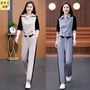 洋气设计感翻领显瘦高档阔腿裤 2025新款 两件套 女春季 欧货运动套装