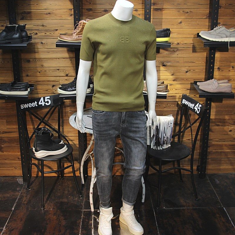 烫钻男士羊毛针织短袖简欧时尚圆领修身青年帅气毛衣短袖针织衫