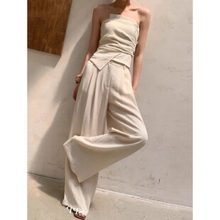 两件套装 抹胸上衣休闲阔腿裤 女夏季 无袖 2025新款 米色时尚