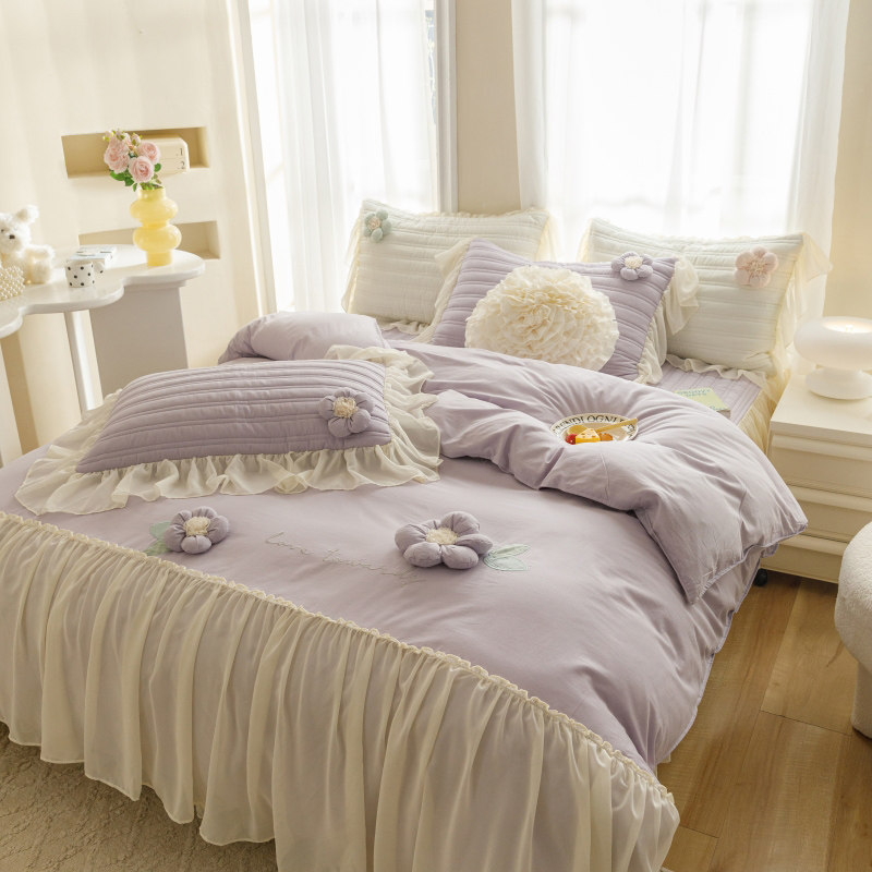 2024新款韩式全棉花边床裙四件套高档纯棉裙式床罩公主风四季通用