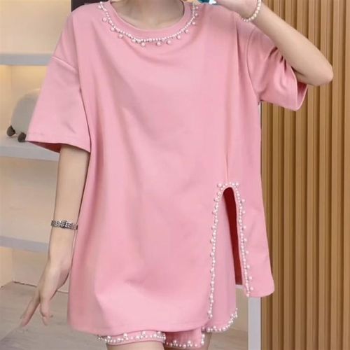 2024夏季时尚烫钻短袖遮肚显瘦大码套装胖MM高级感设计气质两件套