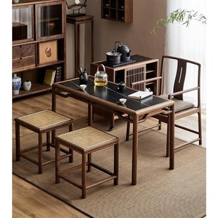 新中式 阳台实木茶桌椅组合简约禅意功夫岩板泡茶桌家用客厅胡桃木
