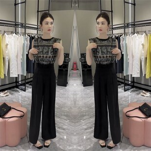 时尚 新款 套装 小衫 两件套 欧货爆款 上衣背带阔腿裤 印花背心2025夏季