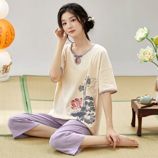 复古风睡衣女夏季套装新款中国风仿棉薄款短袖七分裤夏季家居服