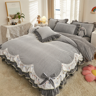冬天水晶宝宝绒床上四件套公主风荷叶边少女被套珊瑚牛奶绒床裙式