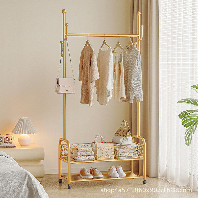 奶油风挂衣架可移动落地式卧室收纳架家用简易铁艺衣帽架简约现代