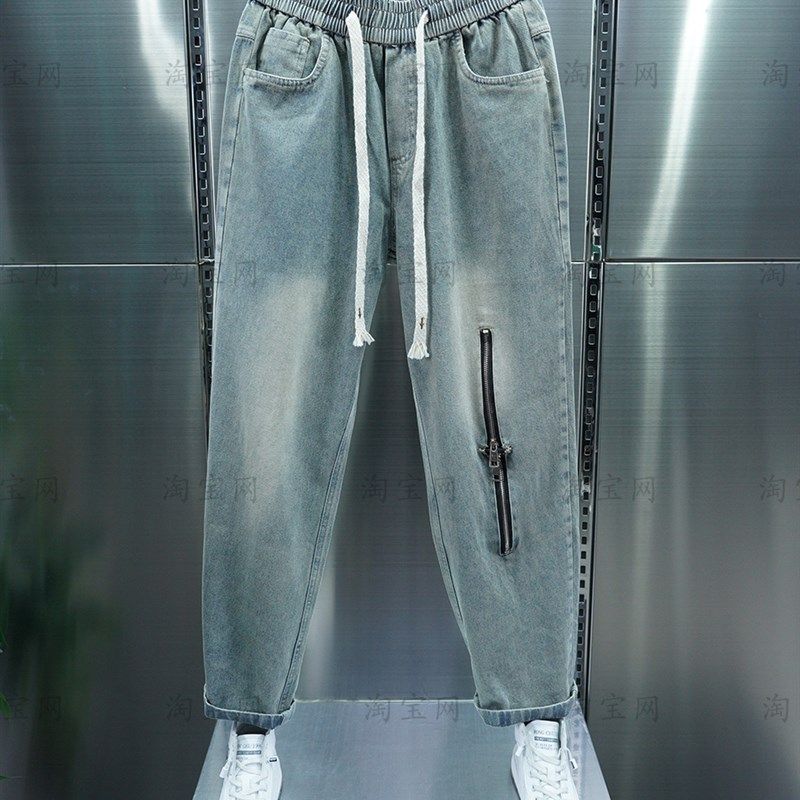 春季新款男士破洞牛仔裤浅蓝色拉链宽松老爹裤潮牌青年时尚直筒裤