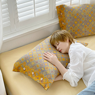 A类纯棉纱布枕套一对装 单人成人加大枕头套色织提花纱纽扣枕芯套