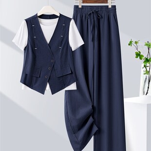 背心短袖 休闲蓝色时尚 2025新弹性腰宽腿裤 夏季 t恤三件套 女装