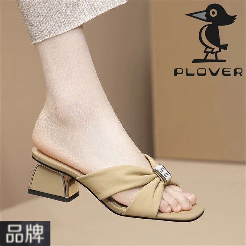 法式女凉拖夏天外穿粗跟凉鞋2023年新款高级感中跟真软皮一字拖鞋