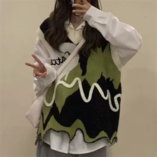 潮牌爱心提花v领毛衣新款 美式 不规则设计针织马甲女 两件套装