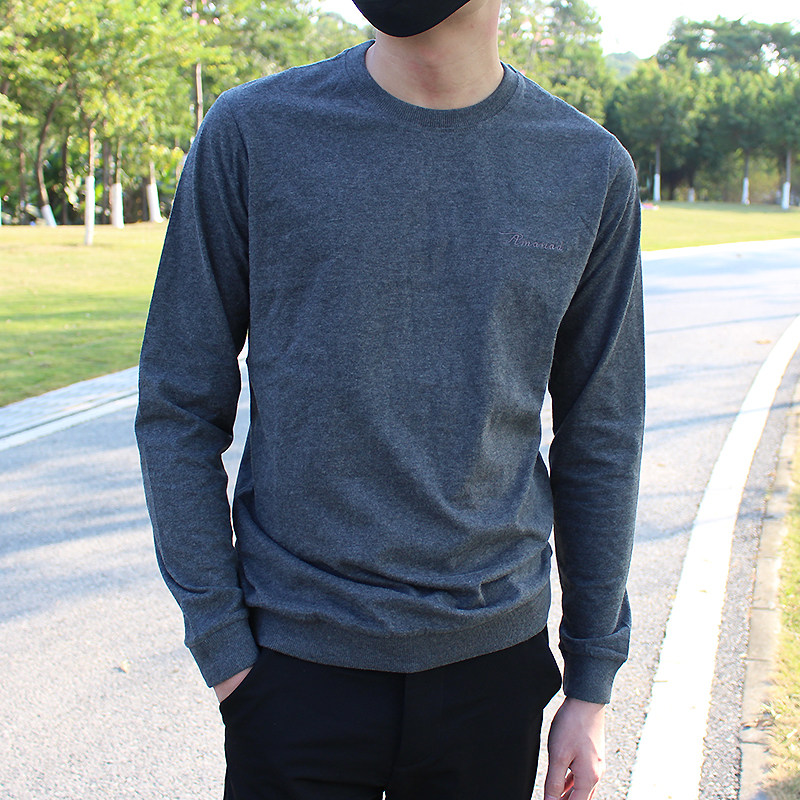 简约纯色纯棉磨毛小刺绣男式圆领长袖内搭衣修身T恤四季上衣