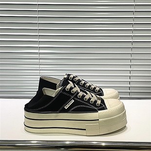 厚底松糕底休闲鞋 欧货女鞋 帆布系带圆头做旧可踩跟 新款 2025年春季