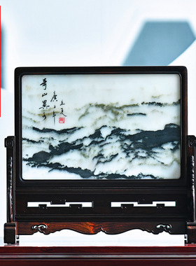 老挝大红酸枝嵌天然大理石插屏交趾黄檀台屏桌面小屏风木雕刻摆件