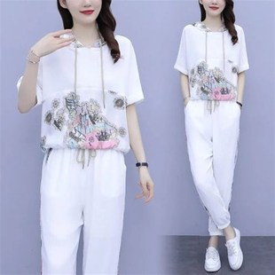 九分裤 连帽短袖 运动两件套潮休闲套装 时尚 女 2022夏季 洋气套装 新款