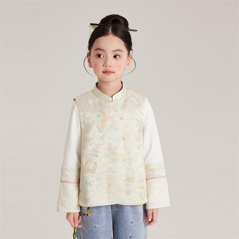 沫沫家童装夏装女童2024夏季新款儿童新中式国风马甲T恤套装