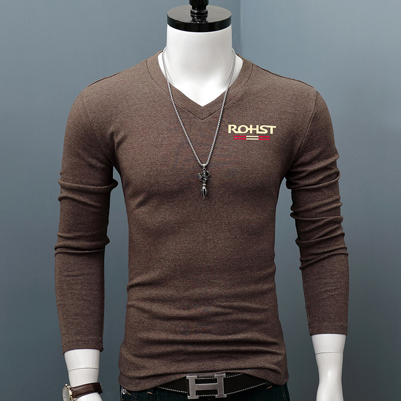 纯棉V领长袖T恤男秋冬季纯色印花修身秋衣青年打底衫保暖上衣体恤