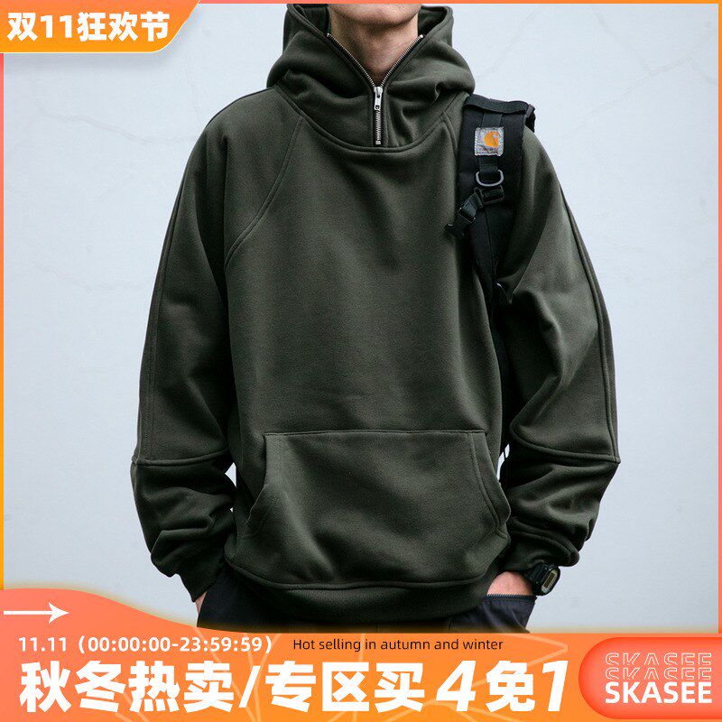 450G重磅锁温保暖半拉链加绒连帽卫衣男秋冬插肩宽松加厚忍者外套