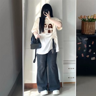 上衣 胖mm小众学院风减龄圆领t恤女开叉设计百搭短袖 300斤大码 女装