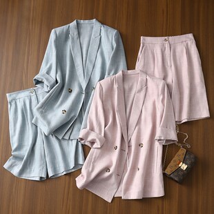 透气亚麻休闲双排扣中袖 型 西装 中裤 女 淘么淘 套装 灵魂简约版