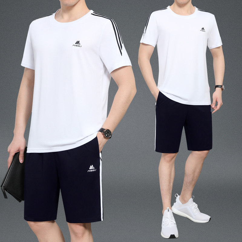 运动套装男夏季短袖短裤跑步休闲运动服薄款圆领中年爸爸夏装套装