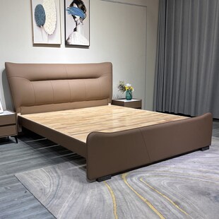 现代简约真皮床1.8m一米五全榫卯实木框架双人床家用软包主卧大床