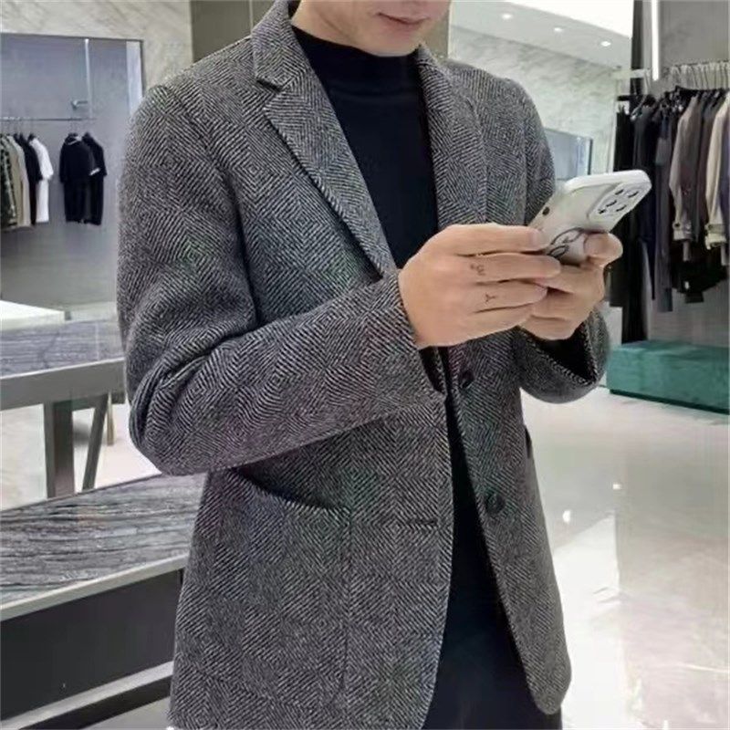 2023秋冬季新款韩版西服外套男潮流商务休闲修身条纹印花西装上衣