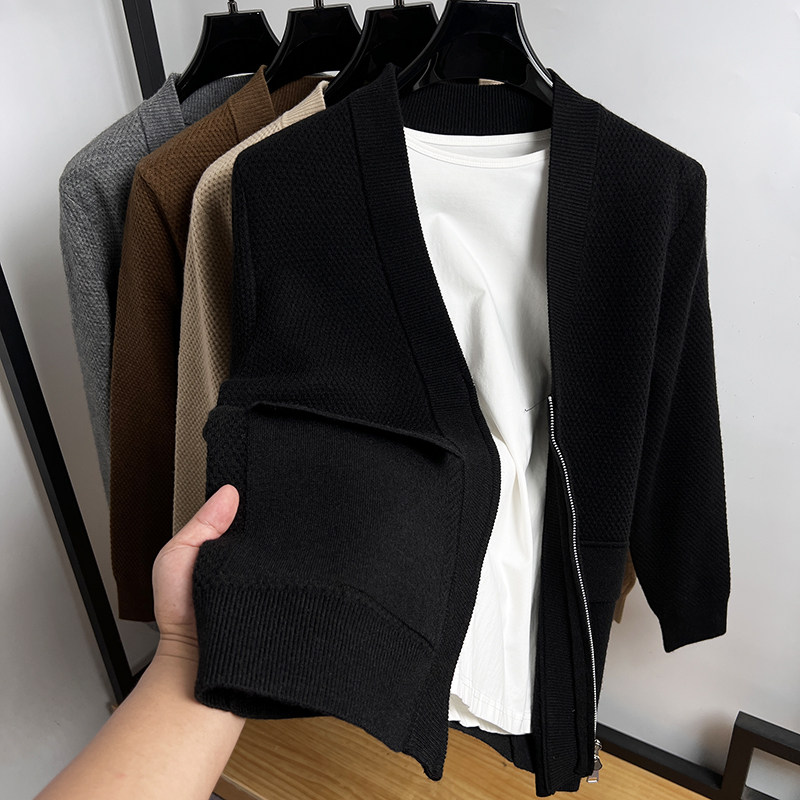 拉链V领针织衫开衫男秋冬季修身毛衣外套男士口袋夹克纯色线衣潮