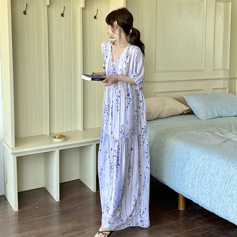 可外穿睡裙女带胸垫免穿内衣加长款到脚踝长裙连衣裙子睡衣家居服
