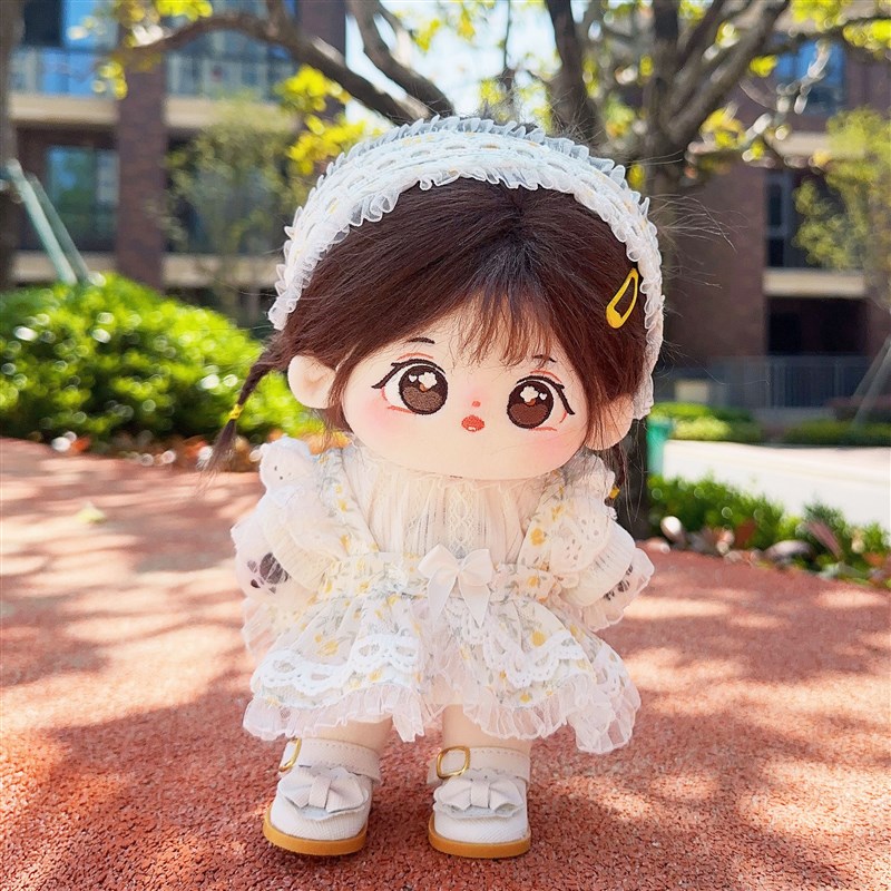 黄碎花背带裙打底衫发饰套装20cm娃衣I棉花娃娃玩偶替换装可爱衣