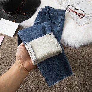 2023年蓝灰色加绒牛仔裤女冬季加绒保暖显瘦九分小个子铅笔裤子潮