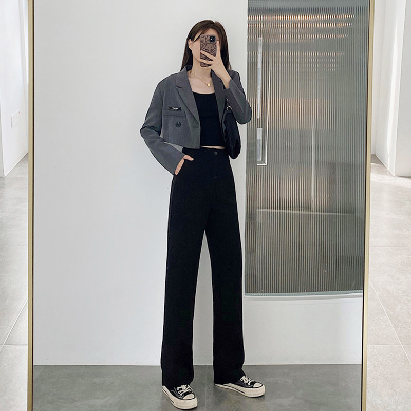 黑色西装裤女直筒裤子秋冬西裤休闲拖地高腰垂感毛呢小个子阔腿裤