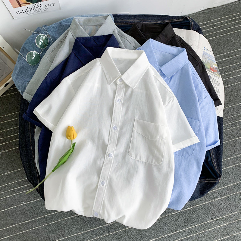 2021夏季新款纯色半袖翻领衬衫男生韩版潮流情侣五分短袖打底衬衣